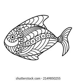 Fish, contour linear illustration. Line art design for adult or kids in zentangle style and coloring page.