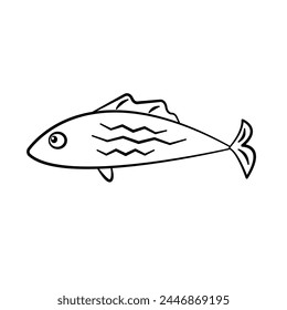 Fish contour outline drawing isolated cutout black and white vector clipart illustration. Underwater doodles line art design element. Nature sea life pictogram, logo or icon.