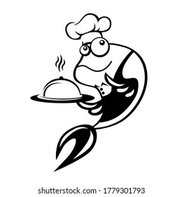 Cocina de pescado. Un personaje en un delantal, un sombrero con una bandeja. Símbolo o logotipo de un restaurante, tienda o taberna.
