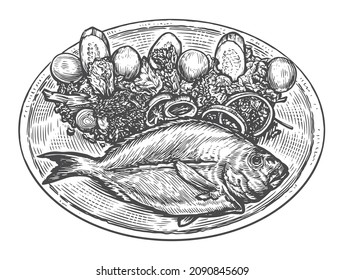 Fish cooked with garnish on platter. Seafood cuisine. Food sketch vector illustration