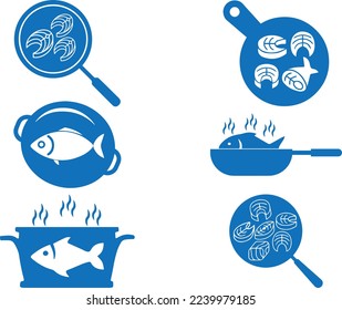 Fish cooked icon set, fish meal icon set blue vector