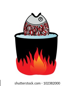 Fish cooked in water on a fire. Vector.