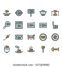 Fish cooking and food related icon and symbol set
