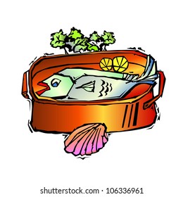 fish in copper serving bowl with clam woodcut illustration