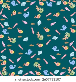 con peces, corales, pulpos y burbujas de agua. Hermoso fondo de superficie para impresiones, tela, murales, tapicería y papel de regalo. Ilustración vectorial