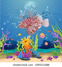 fish and coral reefs in the sea. underwater beauty. there is a lion fish