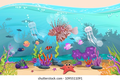 fish and coral reefs in the sea. underwater beauty. there is a lion fish