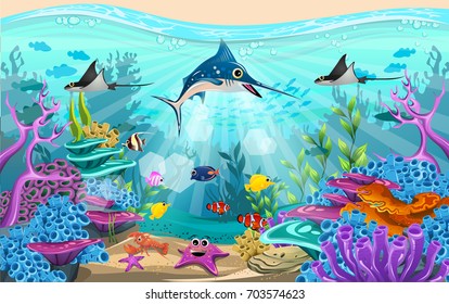 Fish and coral reefs under the sea. The diversity of beautiful habitats