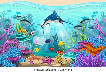 Fish and coral reefs under the sea. The diversity of beautiful habitats