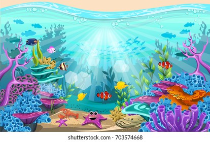 Fish and coral reefs under the sea. The diversity of beautiful habitats