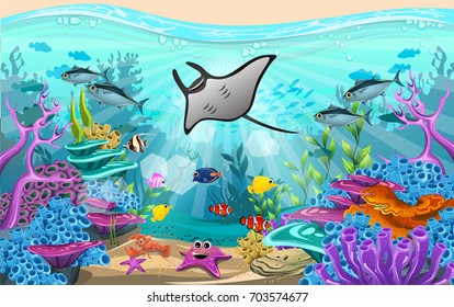 Fish and coral reefs under the sea. The diversity of beautiful habitats