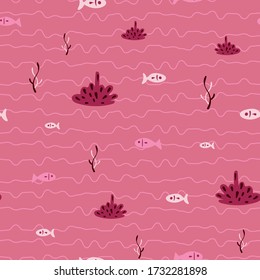 Fish and coral seamless vector pattern in pink. Ocean themed simple surface print design. For fabric, stationery, ans packaging.