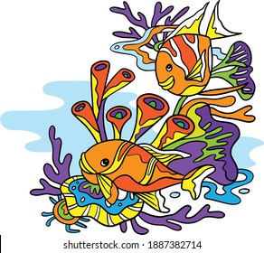 fish and coral vector for card, t-shirt, invitation, and kids study designs.