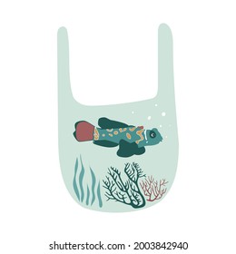Fish and corals dead in plastic bag. Ocean pollution vector color hand drawn flat illustration. Environment protection concept 