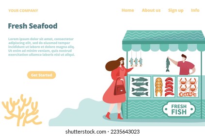 Fish at counter, landing page, vector illustration, fresh seafood at market, flat woman character buy food, store with salmon, tuna, crab, shrimp