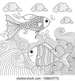 Fish couple coloring book for adult and children. doodle style. vector illustration. handdrawn.