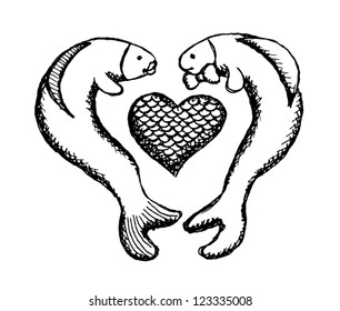 Fish couple with heart, funny vector cartoon in sketch style