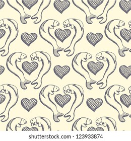 Fish couple with heart, funny vector pattern in vintage style