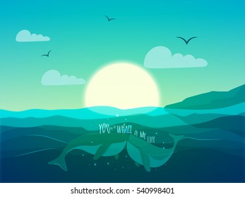 Fish Couple in love, Beautiful blue ocean background, Creative vector illustration for Happy Valentine's Day celebration.