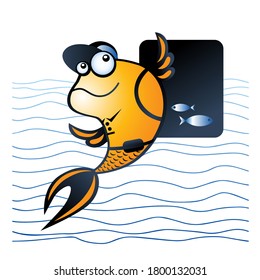 Fish courier. A character in a baseball cap with a backpack. Color illustration. Symbol for stores, restaurants, and delivery services.