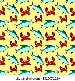 Fish and crab cartoon seamless pattern with yellow background