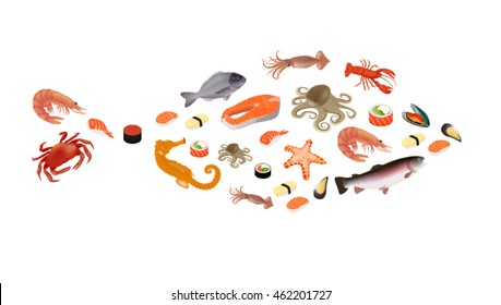 Fish, crab, lobster, shrimp, mussel pattern isolated on a white background. Vector Illustration