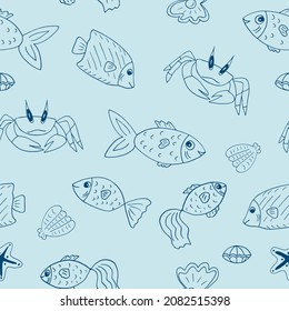 fish, crab, shell, starfish seamless pattern hand drawn doodle. vector, minimalism, scandinavian, trendy colors 2022. marine life, sea ocean wallpaper textile background wrapping paper