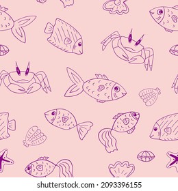 fish, crab, shell, starfish seamless pattern hand drawn doodle. vector, trendy colors 2022. marine life, sea, ocean. wallpaper, textile, background, wrapping paper