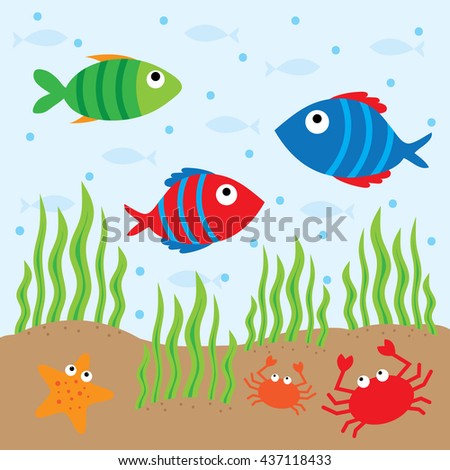 fish, crab, and star fish under water perfect for cute background