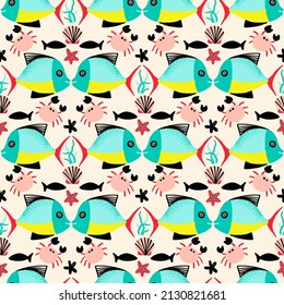 Fish and Crabs Geometric Vector Seamless Pattern