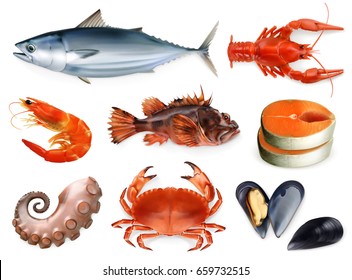 Fish, crayfish, mussels, octopus. 3d vector icon set. Sea food, realism style.