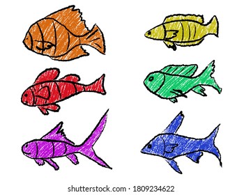 fish crayon paintings. Crayon hand painting. Colorful crayon scribble texture. 
