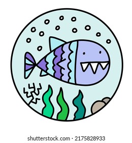 Fish crazy monster hand drawn vector icon logotype in cartoon doodle style sea ocean creature animal