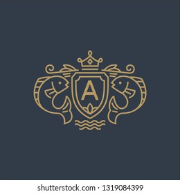 Fish with crown logo template - coat of arms in mono line style