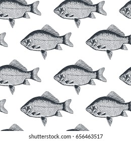 Fish crucian carp seamless pattern, isolated black and white, side view, hand drawn