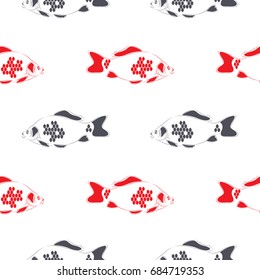 Fish crucian carp seamless pattern, isolated blue and red, side view, hand drawn