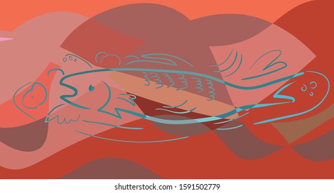 Fish in cubism style. Pastel colors. Red background. Vector