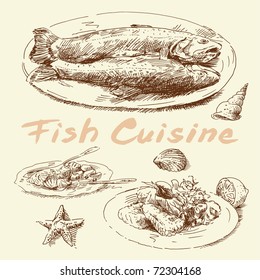 fish cuisine-original hand drawn set