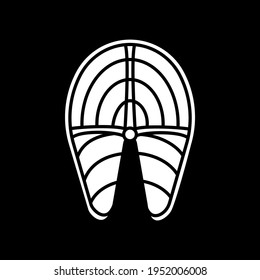 Fisch ausschneiden dunkle Modus Glyph Symbol. Thunfischsteak zum Kochen. Lachsfilet. Kochzutat, Lebensmittelzubereitung. Weißes Silhouettensymbol auf schwarzem Raum. Vektorgrafik einzeln
