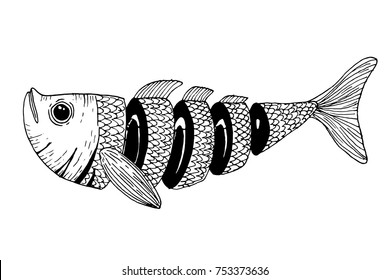 Fish cut to pieces - vector hand drawn illustration