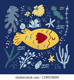 Fish cute doodle hand drawn flat vector illustration. Wild sea marine animal vector, poster floral background. Grass branches with leaves, flowers and spots design element. Sea, ocean, marine.