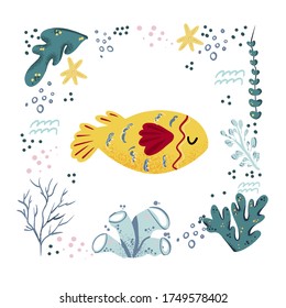 Fish cute doodle hand drawn flat vector illustration. Wild sea marine animal vector, poster floral background. Grass branches with leaves, flowers and spots design element. Sea, ocean, marine.