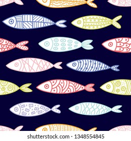 Fish. Cute vector line seamless pattern. Endless pattern can be used for ceramic tile, wallpaper, linoleum, textile, web page background.
