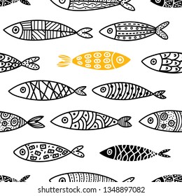 Fish. Cute vector line seamless pattern. Endless pattern can be used for ceramic tile, wallpaper, linoleum, textile, web page background.