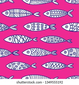 Fish. Cute vector line seamless pattern. Endless pattern can be used for ceramic tile, wallpaper, linoleum, textile, web page background.