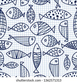 Fish. Cute vector line seamless pattern on the square background. Can be used for wallpaper, textile, invitation card, wrapping, web page background.