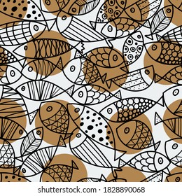 Fish. Cute vector line seamless pattern. Endless pattern can be used for ceramic tile, wallpaper, linoleum, textile, web page background.