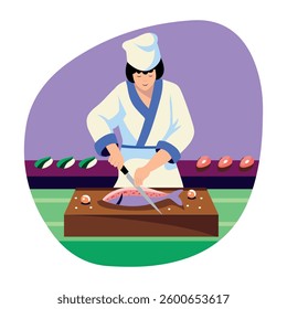 Fish cutting character illustration in flat style