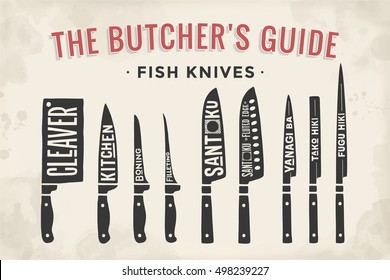 Fish cutting knives set. Poster Butcher diagram and scheme - Fish Knives. Set of butcher fish knives for butcher shop and design butcher themes. Vintage typographic hand-drawn. Vector illustration