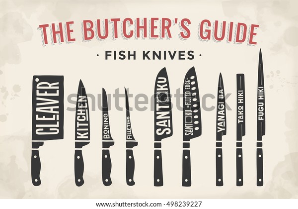 Fish cutting knives set. Poster Butcher\
diagram and scheme - Fish Knives. Set of butcher fish knives for\
butcher shop and design butcher themes. Vintage typographic\
hand-drawn. Vector\
illustration